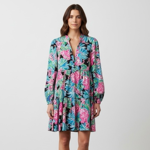 Lilly Pulitzer Dresses & Skirts - Lilly Pulitzer Winona Stretch Jaguar Jungle Long Sleeve Floral Swing Dress